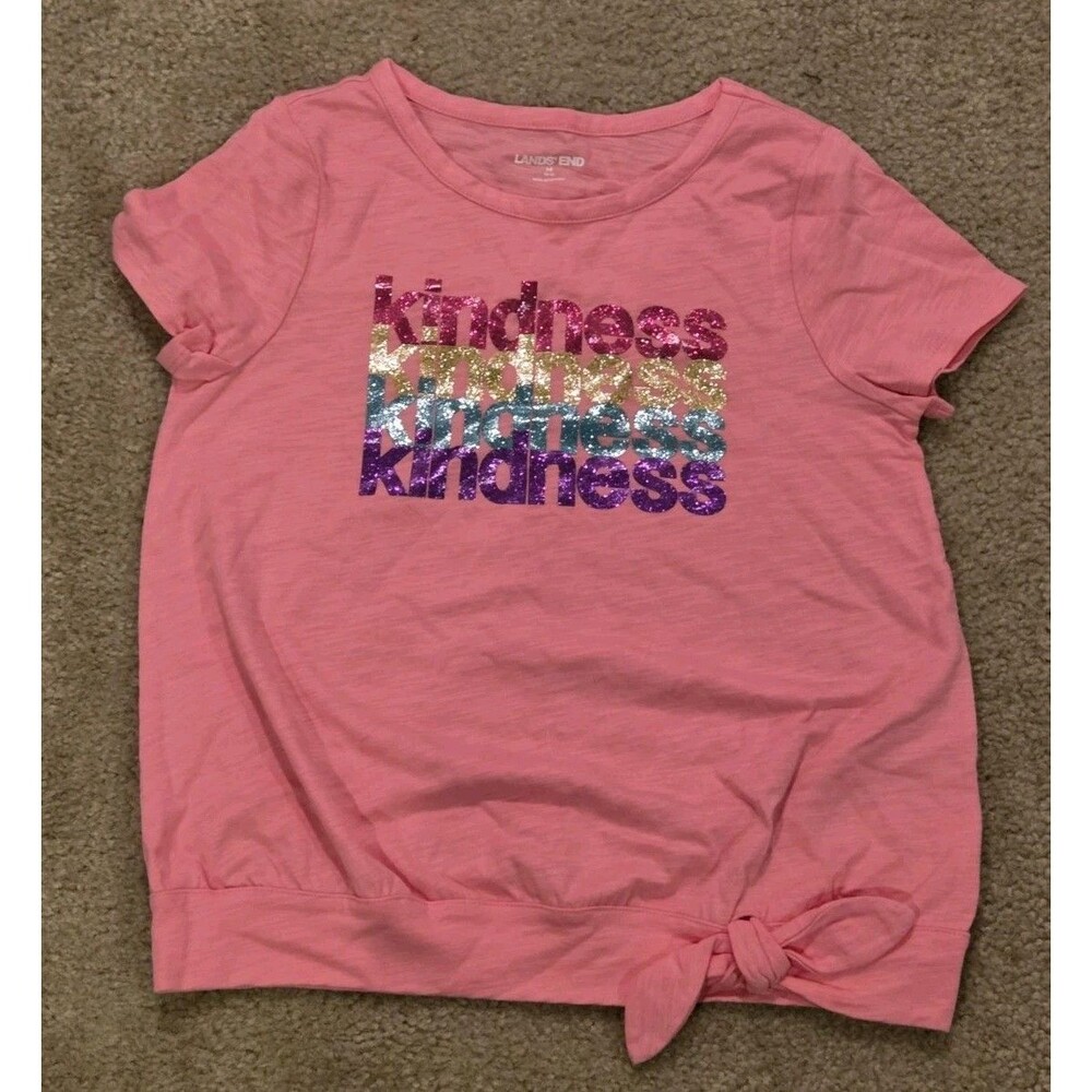 Lands' End Girls Pink Glitter Kindness Graphic Tie Front T-Shirt - Size M 10/12